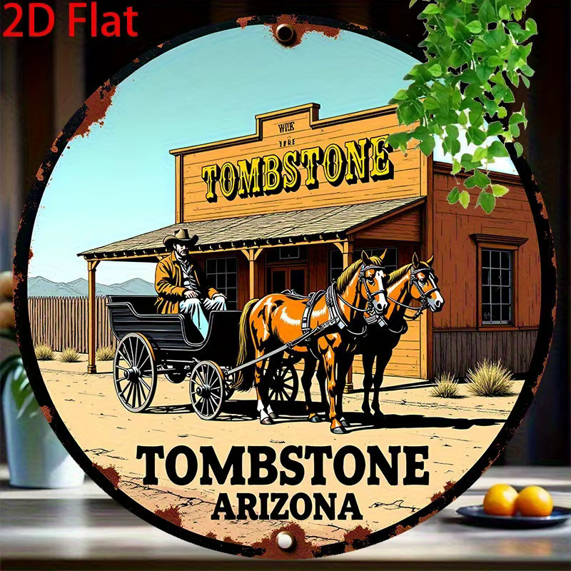 Potdemiel Vintage Western Tombstone Arizona Schild mit Cowboys und Pferdekutsche, Metall, Mehrfarbig, Durchmesser: 20 cm - Bild 3