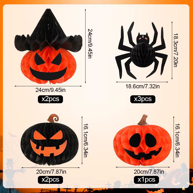 ZQNYCY 8er Set Halloween Wabenbälle aus Papier mit Spinne und Kürbis Motiven in Orange und Schwarz zur Dekoration für Innen und Außen - Bild 2