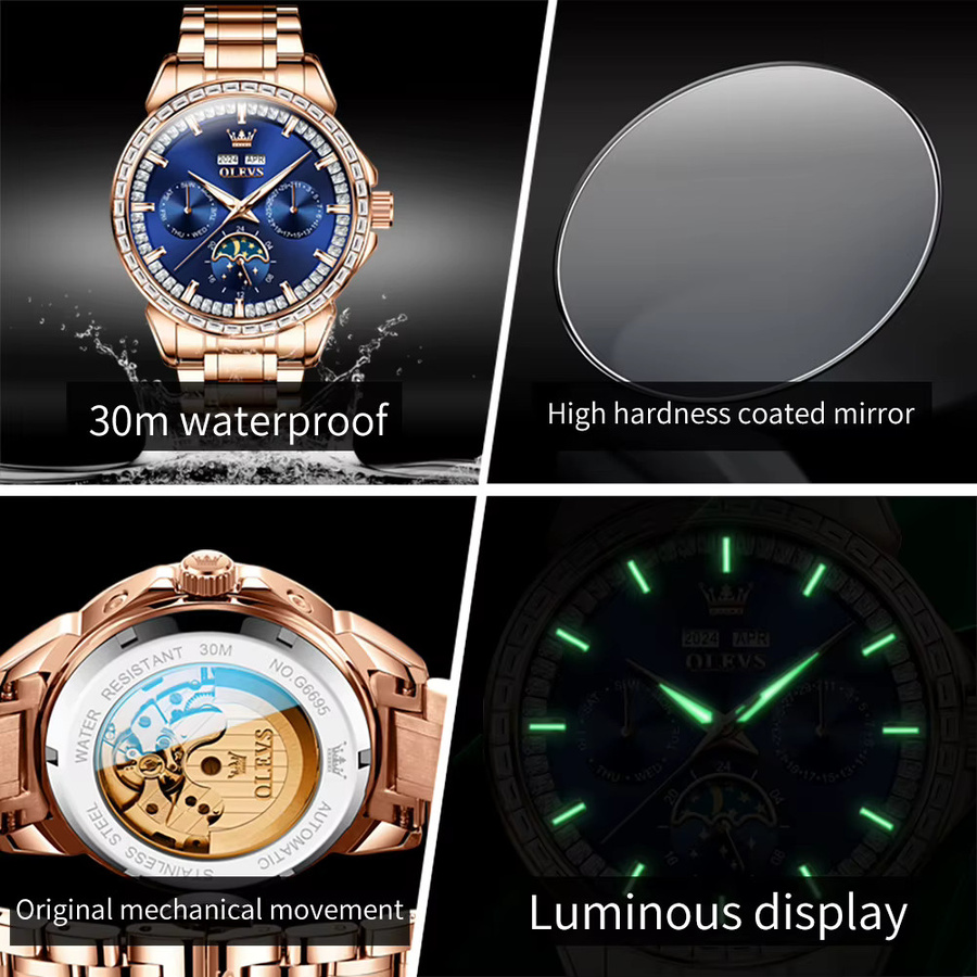 OLEVS Armbanduhr, Automatik, Edelstahl, Bicolor, Roségold, Blau, Herren - Bild 6
