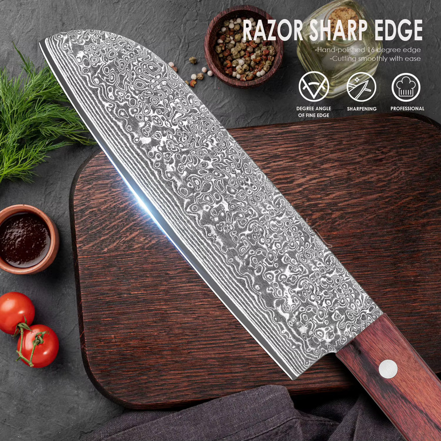 SAEIV Damaszener-Küchenmesser im japanischen Stil mit VG10-Stahlkern und ergonomischem Holzgriff, Klingenlänge: 30 cm - Bild 3