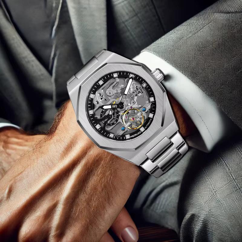 MEIRUIQI Armbanduhr Edelstahl, Automatik, Schwarz, Silber, Herren - Bild 4