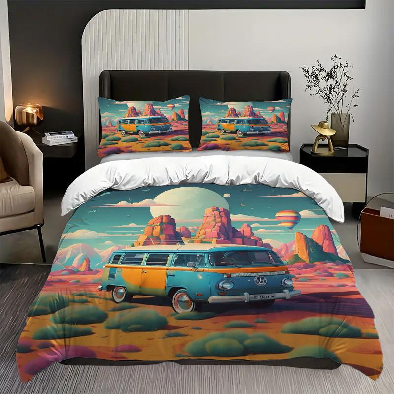 Bettwäsche Set mit Wohnmobil Muster im 3D-Druck, Cartoon Stil, Bettbezug und Kissenbezug, EU Single, B/H: 135 x 200 cm - Bild 2