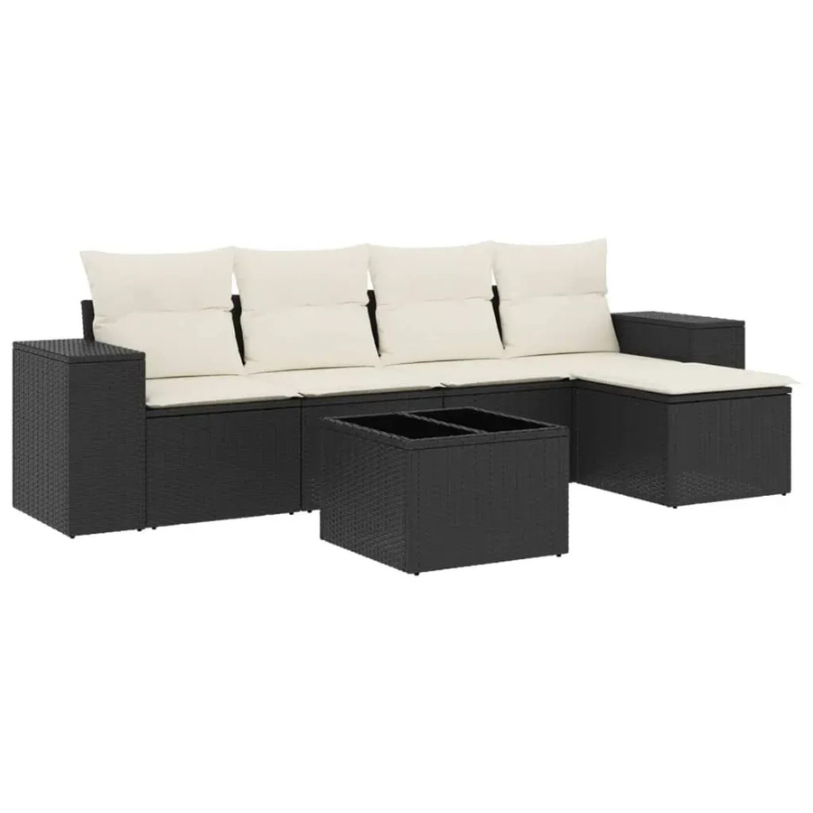vidaXL 6-teilige Garten-Sofagarnitur in L-Form aus schwarzem Poly-Rattan mit Kissen und Metallrahmen - Bild 2