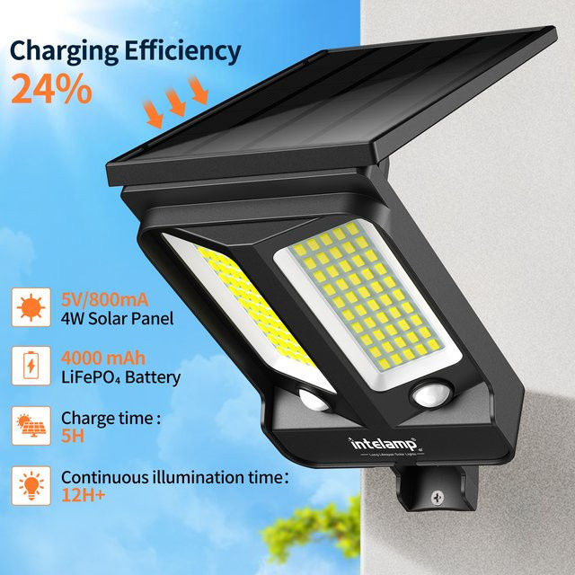Intelamp Outdoor-Solarleuchte in Schwarz mit zwei Bewegungssensoren und 4000 mAh Akku als wasserdichter Sicherheits-Flutlichtstrahler für Garten, Garage und Hof - Bild 1