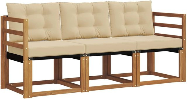 vidaXL Outdoor-Sofagarnitur 3-teilig aus Akazienholz mit Textilene und Kissen in Natur und Beige - Bild 1