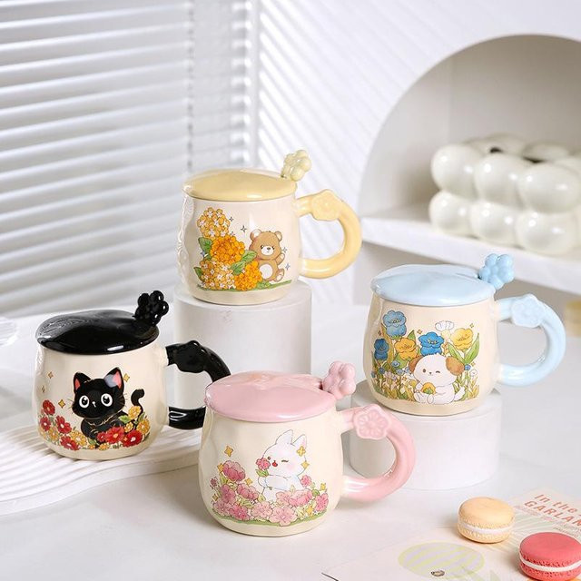 Keramiktasse mit Tier-Design und Deckellöffel von Yiran Furniture, weiß, 390 ml - Bild 1