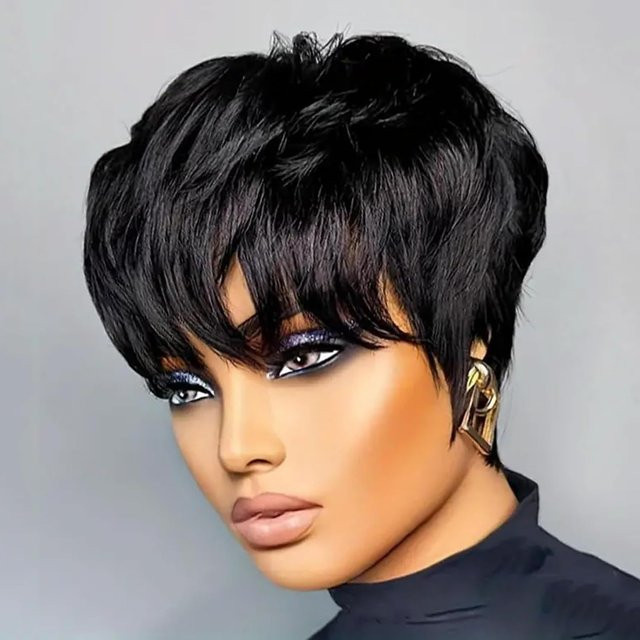 OYM HAIR Pixie-Schnitt-Perücke, schwarz, Echthaar mit Pony, Damen - Bild 1