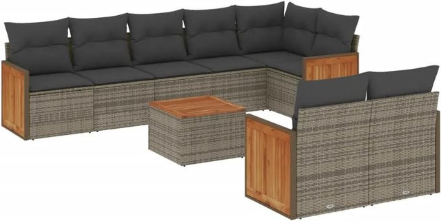 vidaXL 9-tlg. Garten-Sofagarnitur in L-Form aus grauem Poly-Rattan mit Kissen und Akazienholz - Bild 1