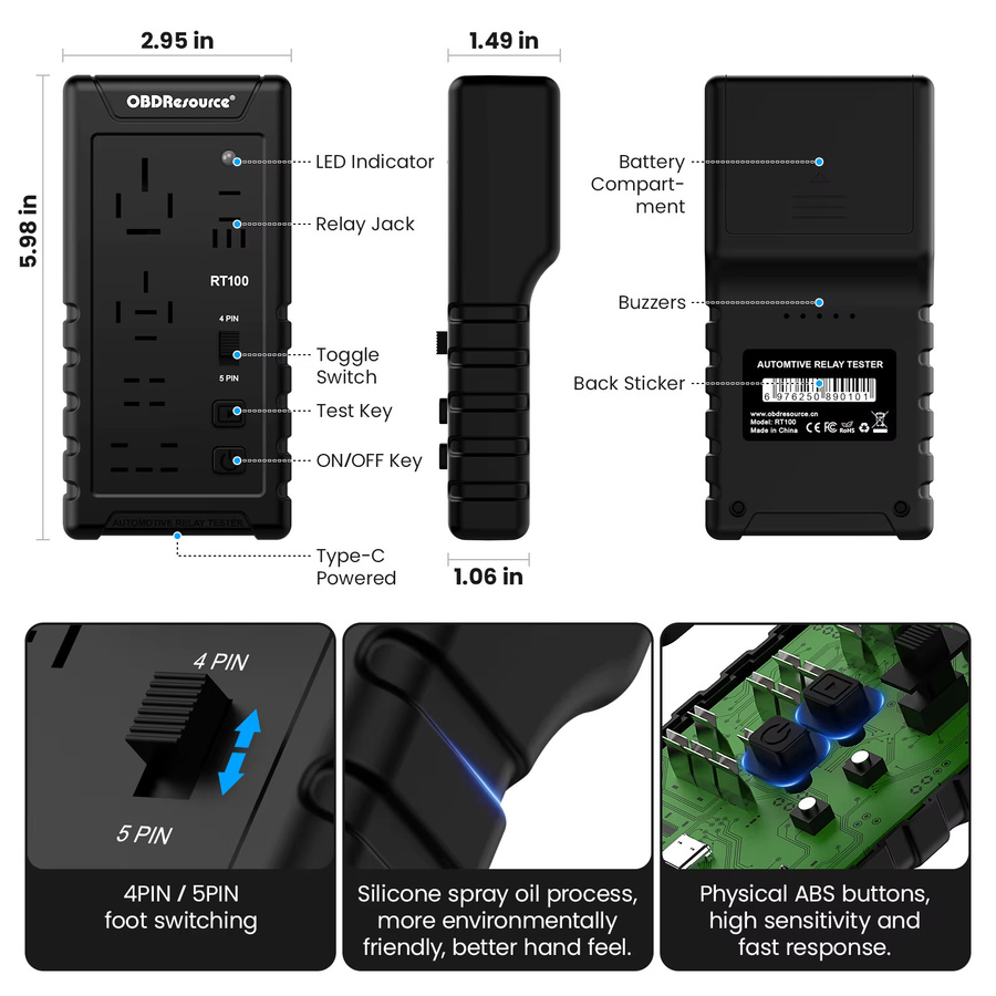 OBDResource Kfz-Relaistester RT100 Kompakter kabelloser Tester für 4-Pin- und 5-Pin-Relais zur 12V und 24V Erkennung in Schwarz - Bild 3