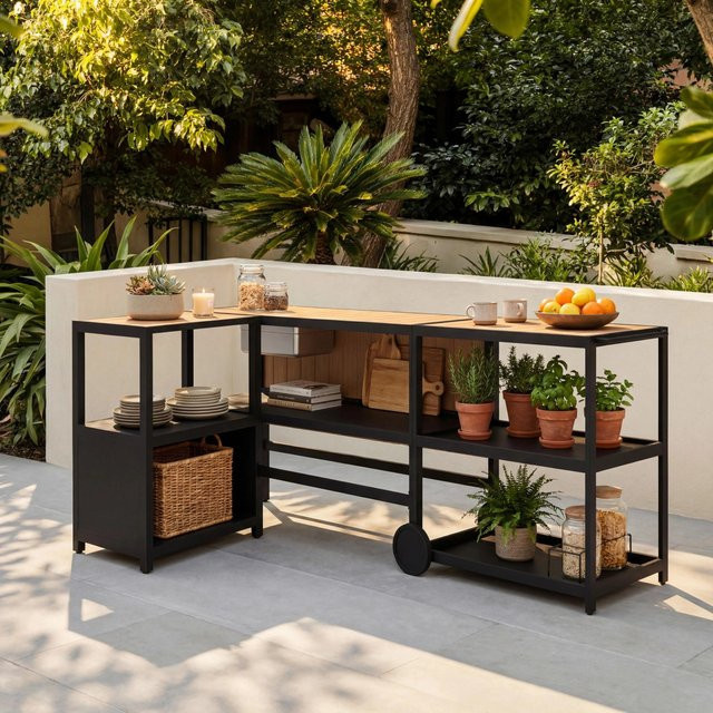 Bessagi Garden Outdoorküche Delia Eckküche in Schwarz und Naturfarben inklusive Abdeckung B/T/H: 239 x 120 x 90 cm - Bild 1