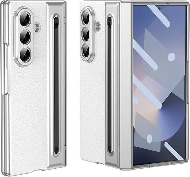 szHAIyu Leder Handyhülle für Samsung Galaxy Z Fold 8 7 6 5 4 3 mit Scharnierschutz, S Pen Halterung und integriertem Bildschirm Schutz in Weiß - Bild 1