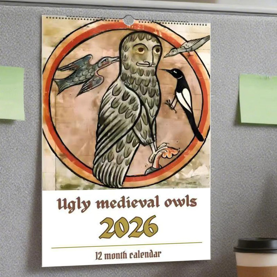 Wandkalender 2026 mit mittelalterlichen Eulen Motiven, monatlicher Zeitplaner in Mehrfarbig - Bild 2