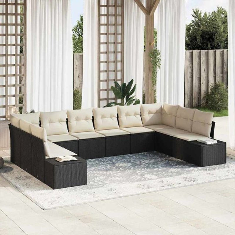 Vidaxl Polyrattan Garten-Sofa-Set aus 10 Teilen in Schwarz und Creme, modernes modulares Loungemöbel-Set mit Metallgestell, B/T/H: 344 x 209 x 85 cm - Bild 1