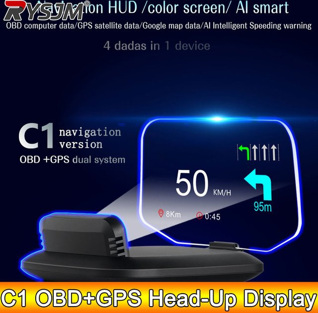 RYSJM AD C1 HUD Head Up Display mit Autonavigation, Tachometer und Übergeschwindigkeitsalarm in Schwarz - Bild 1