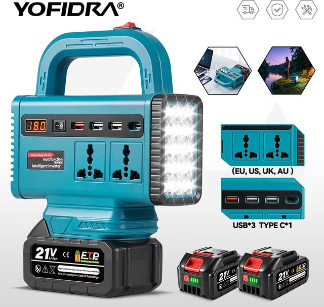 YOFIDRA 6-in-1 Akku-Stromwechselrichter mit USB-Typ-C-Steckdose und LED-Licht, kompatibel mit Makita-Akkus, Notstromversorgung für den Außenbereich - Bild 1