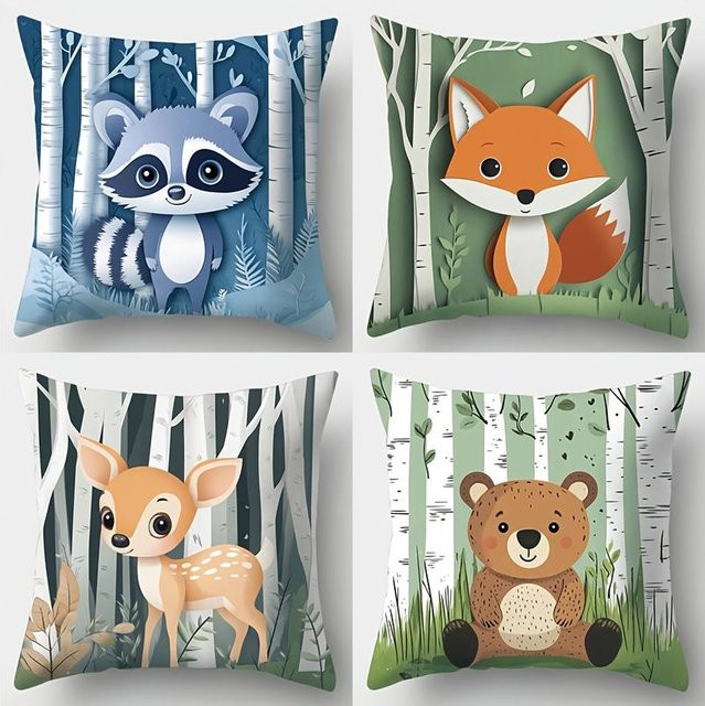 4-teiliges Kissenbezug-Set von JMG Clothing mit Cartoon-Waldtiermuster in Mehrfarbig, quadratisch, B/T/H: 35 x 35 x 35 cm - Bild 1