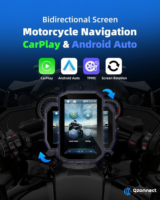 Qzonnect 5 Zoll Drehbarer Motorrad-Bildschirm mit kabellosem CarPlay und Android Auto, Schwarz - Bild 1