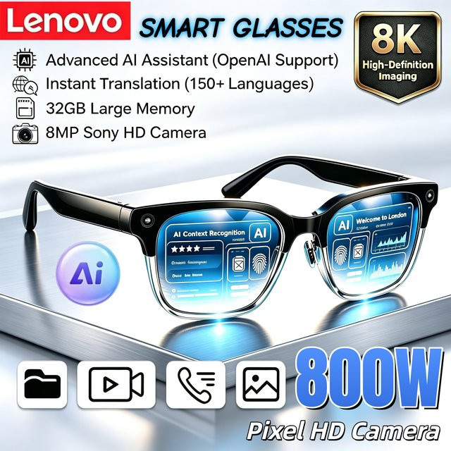 Lenovo Smarte KI-Brille mit 8K-Aufnahme, HD-Kamera, Bluetooth und Sprachanruf für Bild- und Videoübertragung sowie Übersetzung - Bild 1