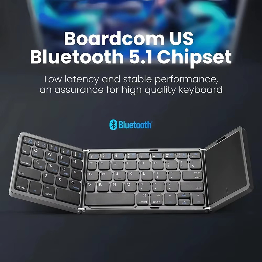 KEBIDUMEI Dreifach faltbare Bluetooth-Tastatur mit Touchpad, 3-Kanal-Multi-Device-Mini-Tastatur für iOS, Android und Windows, Schwarz - Bild 2