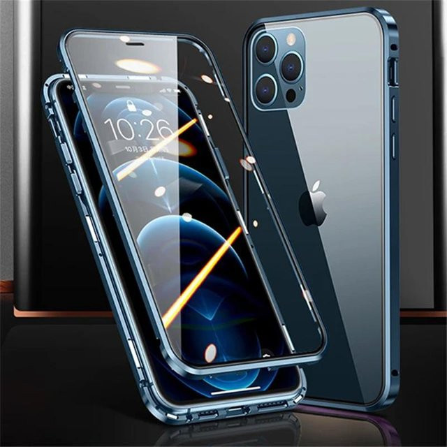 Razzle 360 Magnetische Metallhülle für iPhone 13 aus gehärtetem Glas in Transparent Blau mit doppelseitigem Schutz - Bild 1