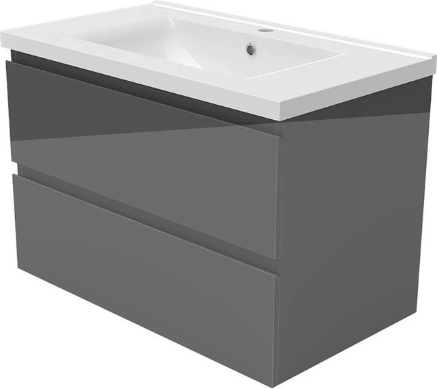 AICA Badmöbel Aalst 2-teiliges Badezimmermöbel Set mit Keramik Waschtisch und Unterschrank, Breite: 80 cm, Farbe: Anthrazit Hochglänzend, Grifflos mit Softclose Schubladen - Bild 1