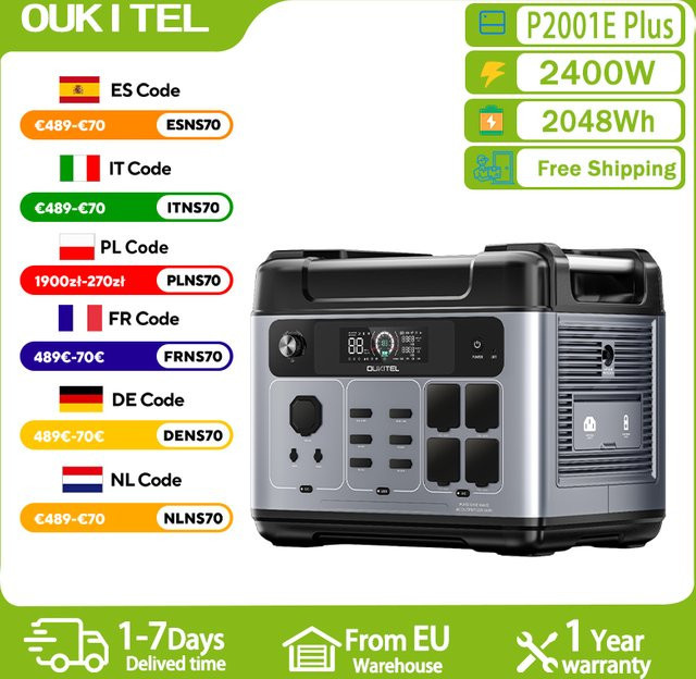 OUKITEL P2001E PLUS Tragbare Power Station 2400W Solargenerator 2048Wh LiFePO4 Akku in Grau - Bild 1