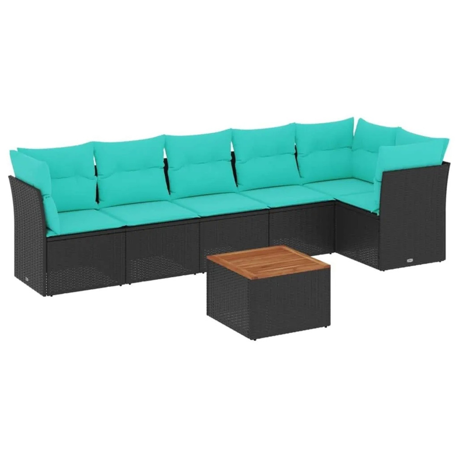 vidaXL 7-teilige Garten-Sofagarnitur aus Poly-Rattan und Akazienholz in Schwarz mit Kissen - Bild 2