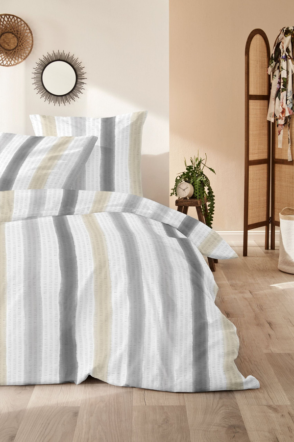 Primera Soft-Seersucker Bettwäsche aus Baumwolle mit Streifen in Weiß Grau Beige, B/H: 155 x 220 cm mit Kissenbezug 80 x 80 cm - Bild 1