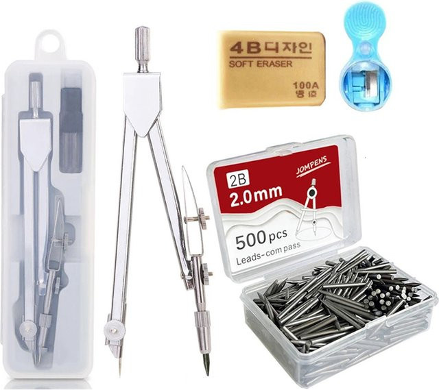 Metall-Kompass-Set in Silber mit Ersatz-Nachfüllung für Geometrie und Schule - Bild 1
