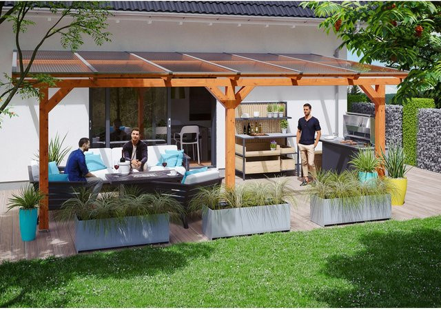 Skan Holz Terrassenüberdachung Andria aus Leimholz Eiche hell mit Polycarbonat-Dach B/B: 648 x 350 cm - Bild 1