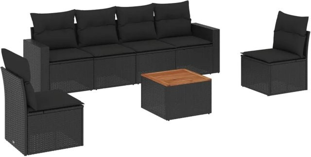 vidaXL 7-tlg Garten-Sofagarnitur aus Polyrattan in Schwarz mit Tisch und Kissen - Bild 1