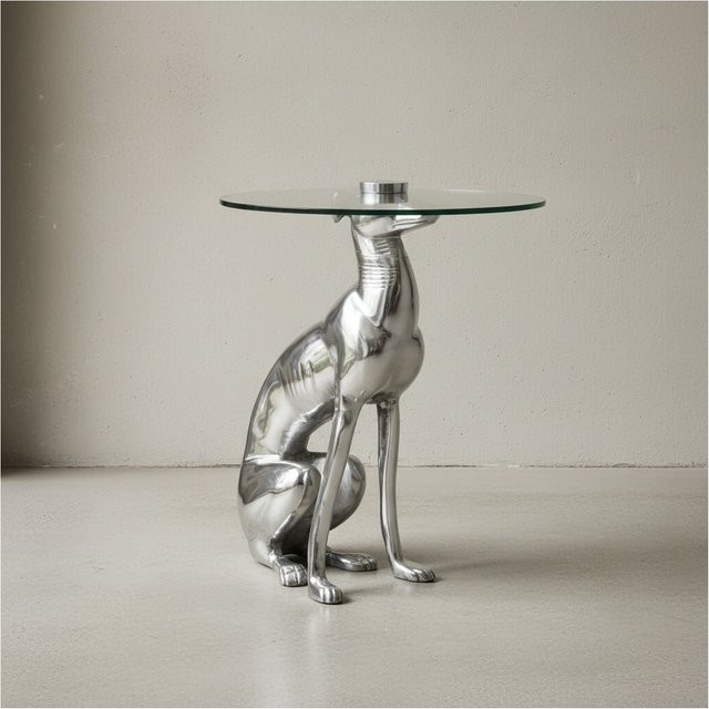 KADIMA DESIGN Windhund Skulptur Deko Beistelltisch aus Aluminium und Glas in Silber, B/T/H: 40 x 50 x 40 cm - Bild 1