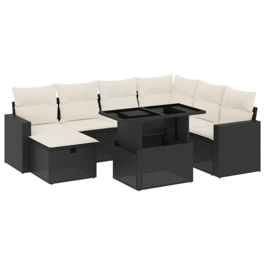vidaXL 8-tlg. Garten-Sofagarnitur in L-Form aus Polyrattan mit Kissen und Couchtisch, Schwarz - Bild 2