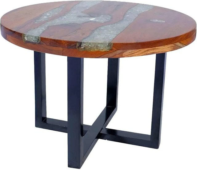 vidaXL Couchtisch aus massivem Teakholz und transparentem Harz mit Glas-Elementen, rund, braun, B/T/H: 60 x 60 x 40 cm - Bild 1
