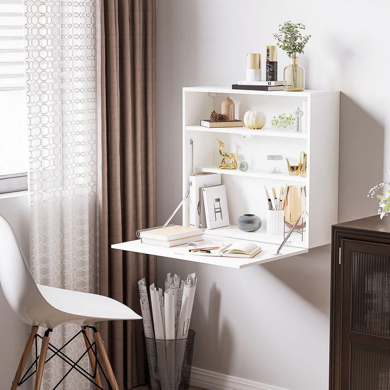 HOMCOM Wandtisch klappbar in Weiß mit Ablagefächern, moderner Schreibtisch für das Home-Office, B/T/H: 64 x 20 x 60 cm - Bild 2