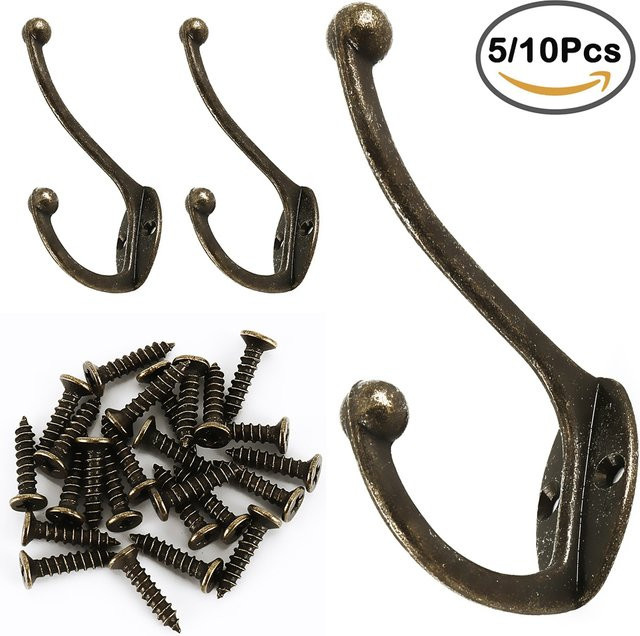 Everso Retro Wandhaken aus Metall in Bronze, 5er oder 10er Set, Dual Prong Kleiderhaken für Mantel, Hut und Handtuch - Bild 1