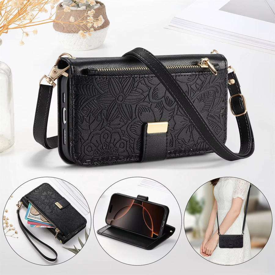 Crossbody Flip Wallet Handyhülle aus PU-Leder mit Reißverschluss und Kartensteckplätzen für iPhone 17 Pro Max, 16, 15, 14, 13 in Schwarz - Bild 4