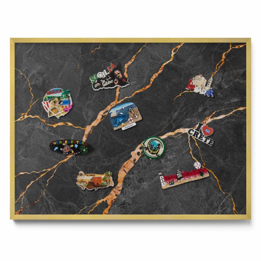 Tulup Magnettafel für Reisesouvenirs in Dunklem Marmor mit Goldrahmen, B: 80 cm, H: 60 cm - Bild 2