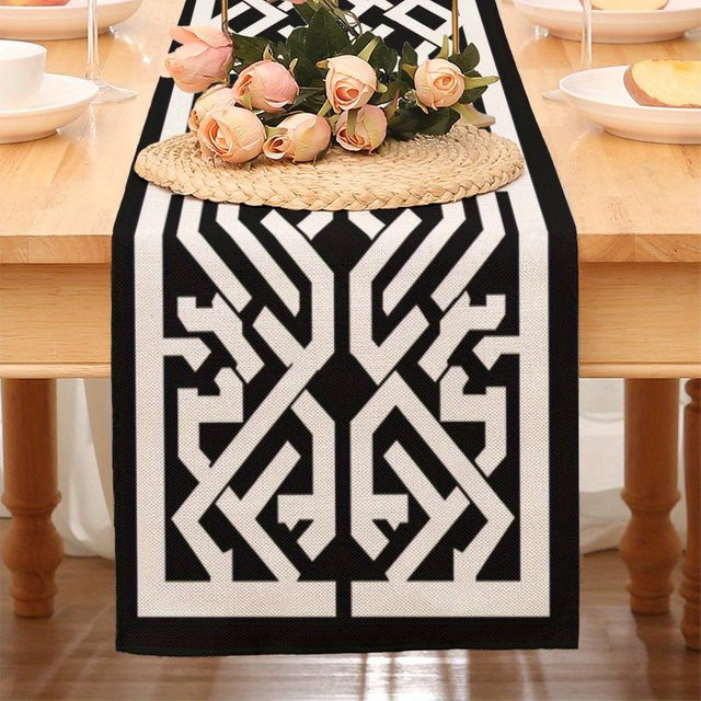 VIKAMA Tischläufer mit geometrischer arabischer Kalligrafie in Schwarz-Weiß, modernes Leinen-Design für deine Tischdekoration - Bild 1
