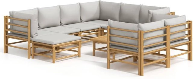 vidaXL 10-tlg Garten-Lounge-Set aus Bambus mit hellgrauen Polstern in L-Form - Bild 1