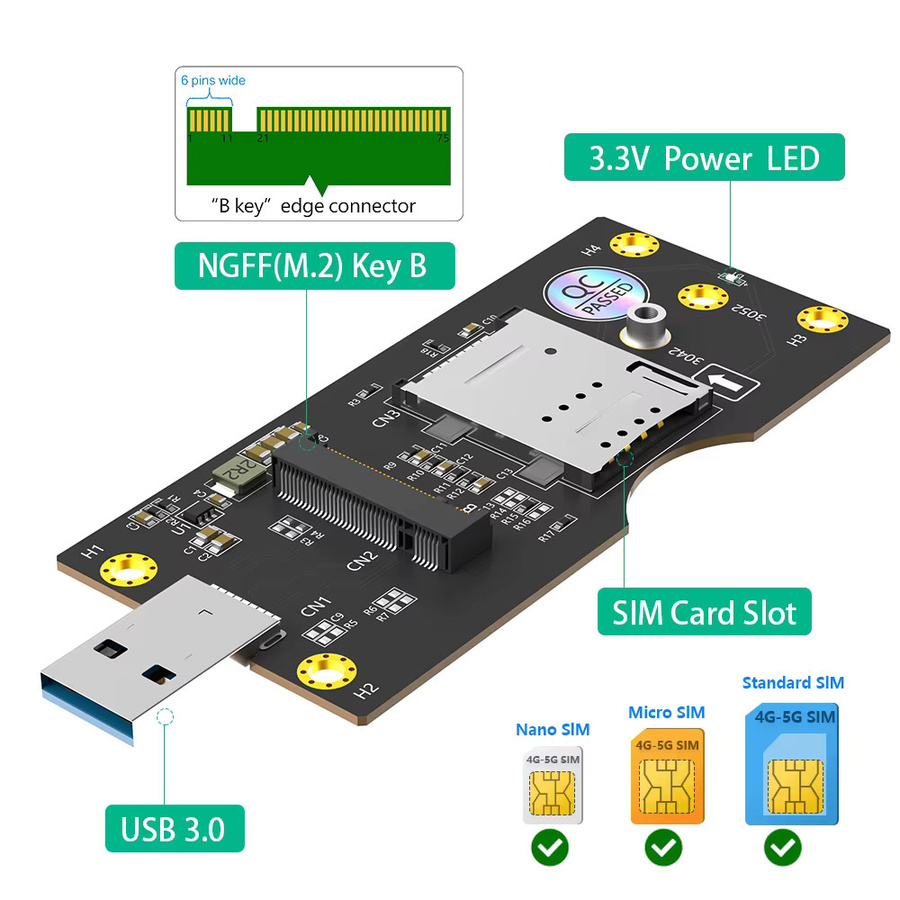 T.F.SKYWINDINTL NGFF M.2 zu USB 3.0 Adapter mit SIM 8-Pin Karten-Erweiterungskit für 3G 4G 5G Module Typ Key B in Schwarz - Bild 2