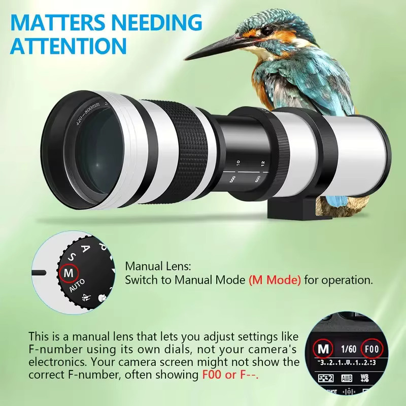 Lightdow Super HD manuelles Tele-Zoomobjektiv mit Adapter für Sony Canon Nikon Pentax Olympus Kameras, Brennweite 420–800 mm, f/8,3–16, Farbe Weiß - Bild 6