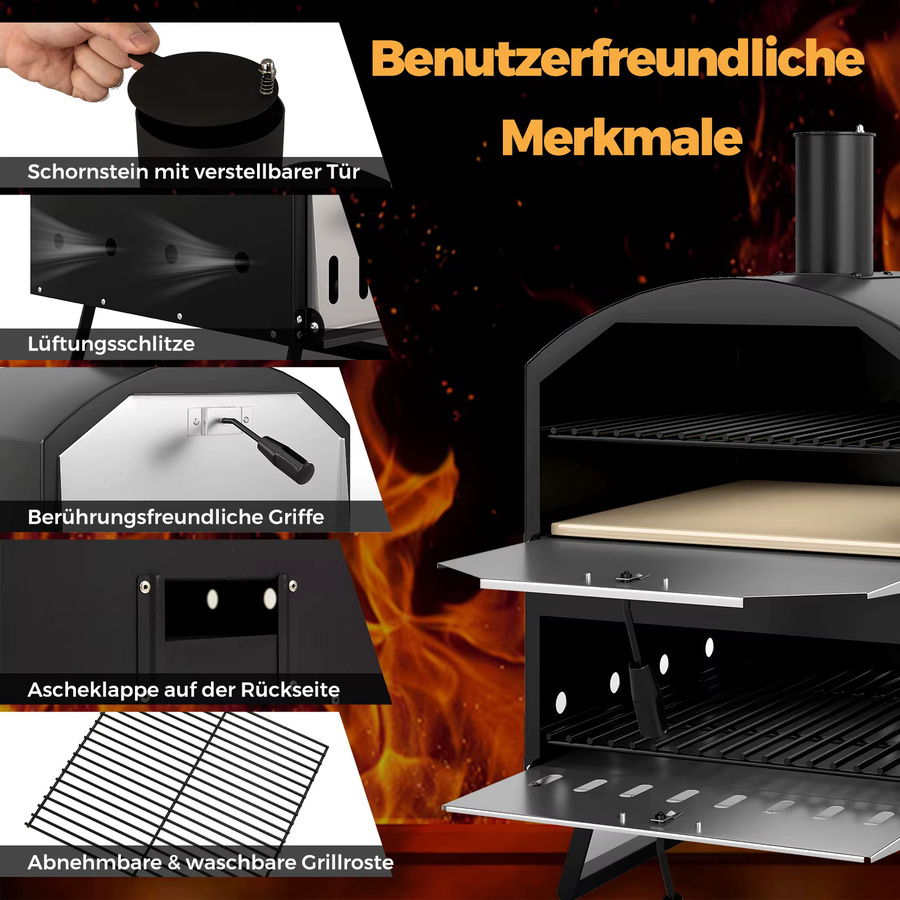 GOFLAME Tragbarer Holzbefeuerter Pizzaofen für den Außenbereich in Schwarz mit Pizzastein, Pizzaschieber, Grillrost und Abdeckung, B/T/H: 83 x 61 x 53 cm - Bild 3