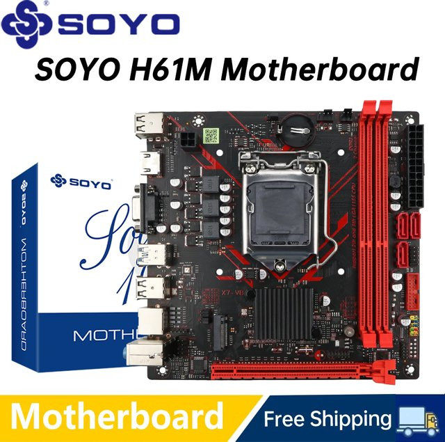 SOYO H61M Gaming-Motherboard Micro-ATX mit M.2 NVMe, PCIEx16 und DVI, unterstützt Dual-Channel-DDR3-RAM für Intel Core 2/3 Gen CPU LGA1155, Schwarz - Bild 1