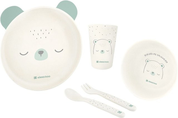 Kikkaboo Kindergeschirr Set Bear with me 5-teilig aus Melamin in Grün und Weiß mit Tiermotiv