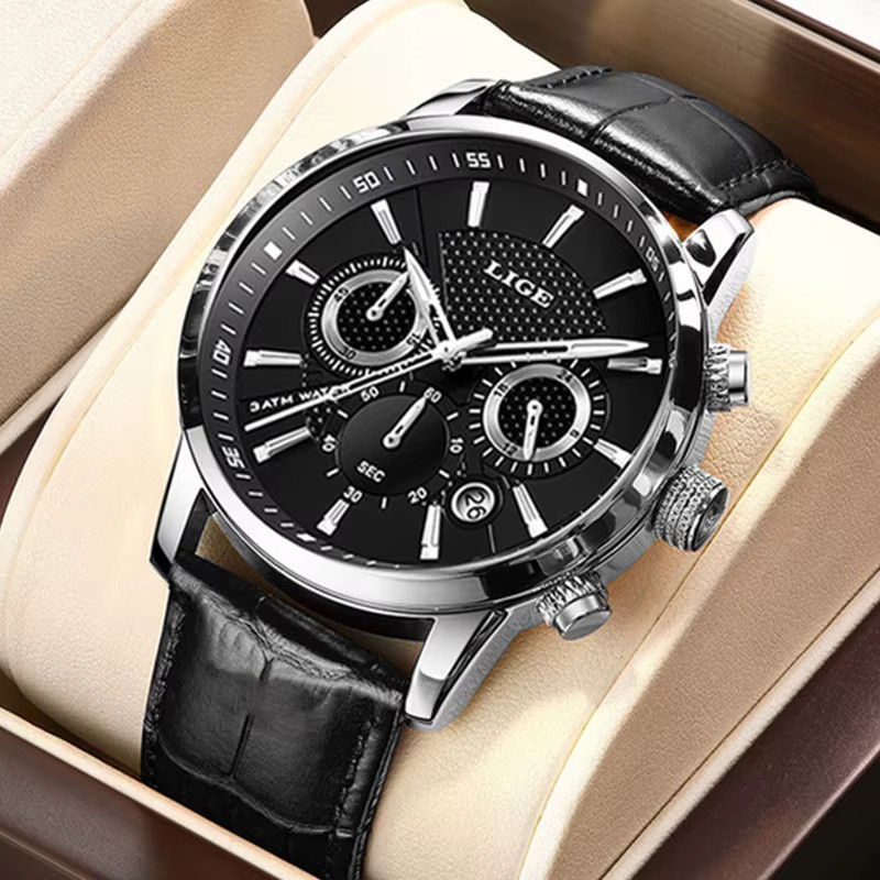 LIGE Armbanduhr Quarz, Leder, Schwarz, Herren, Wasserdicht - Bild 6