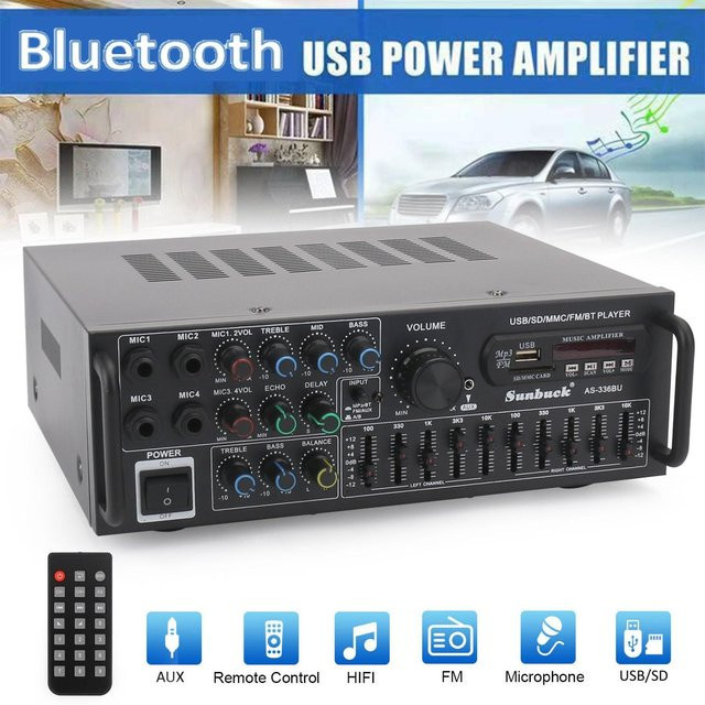SUNBUCK HiFi-Leistungsverstärker mit 2000 W, Bluetooth 5.0, FM, USB und EQ-Mixer in Schwarz mit Fernbedienung für Auto und Zuhause - Bild 1