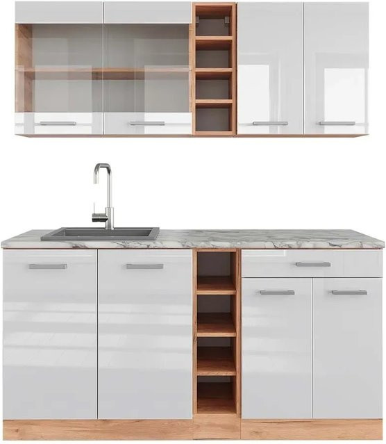 Vicco R-Line Singleküche Weiß Hochglanz und Goldkraft Eiche mit Marmor-Arbeitsplatte, Breite: 160 cm - Bild 1