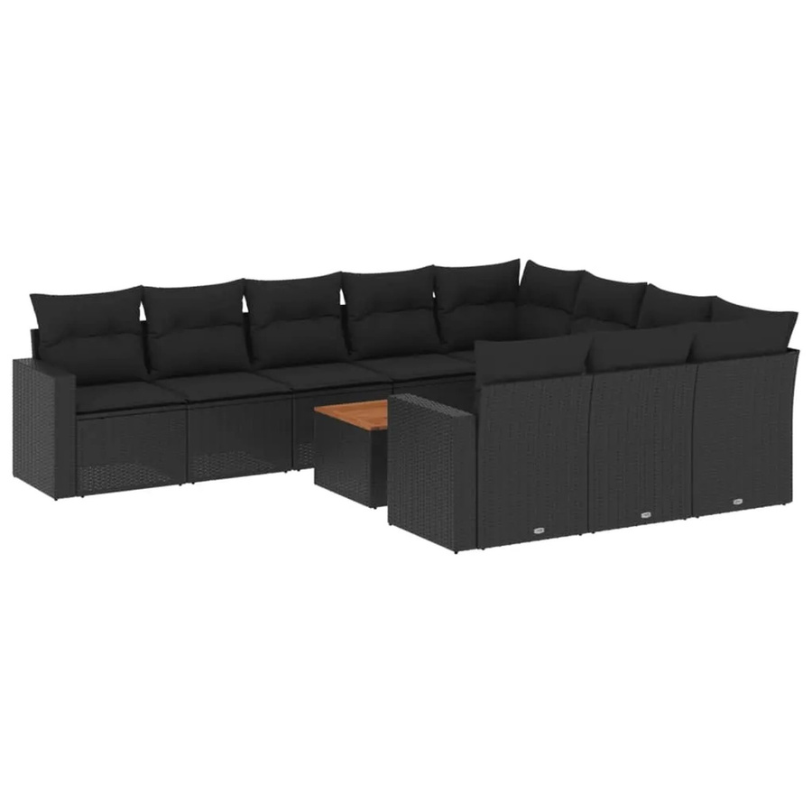 vidaXL 11-tlg Garten-Sofagarnitur in L-Form aus Polyrattan und Akazienholz mit Kissen in Schwarz - Bild 2