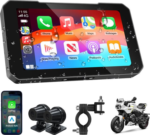 Ezonetronics 5-Zoll-Touchscreen Motorrad-CarPlay-Bildschirm mit kabellosem Android Auto und Dual-Kamera-Unterstützung, Schwarz, IP67 - Bild 1